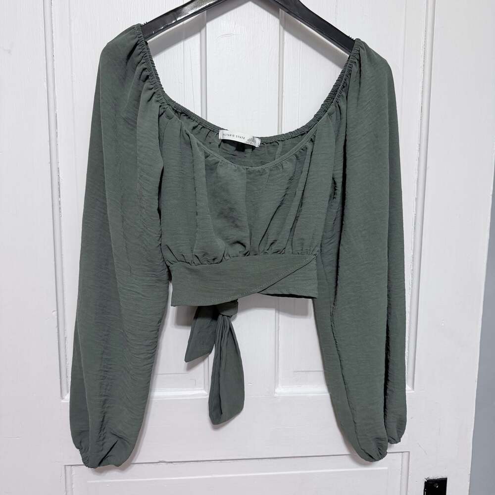 Altar'd State Olive Green Long Sleeve Tie Front Crop Top XL boho